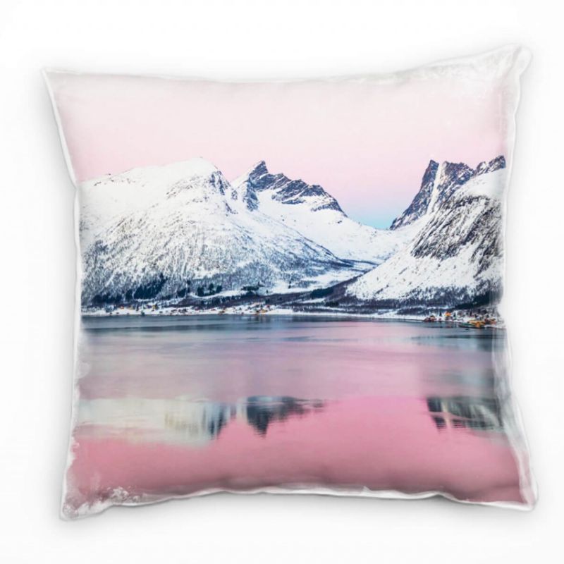 Winter, schneebedeckte Berge, See, grau, rosa Deko Kissen 40x40cm für Couch Sofa Lounge Zierkissen