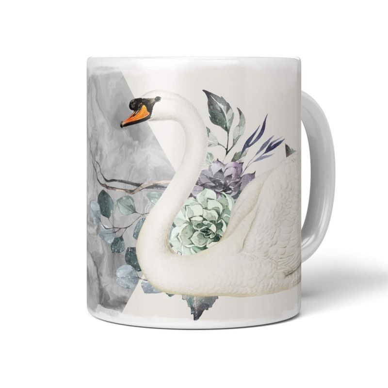 Dekorative Tasse mit schönem Vogel Motiv weißer Schwan Blumen Mystisch Märchenhaft