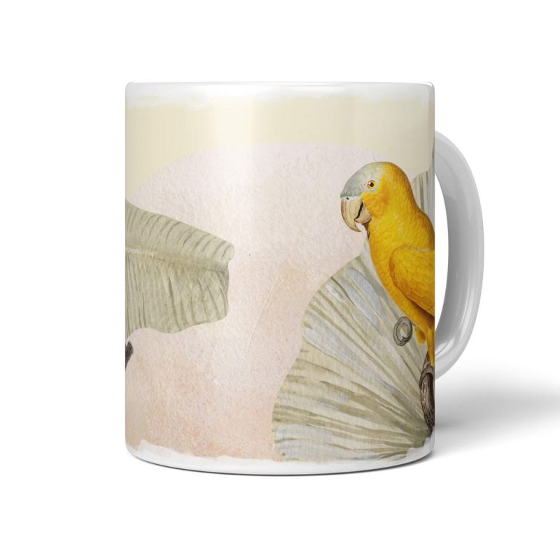 Dekorative Tasse mit schönem Vogel Motiv Wellensittiche exotisch Bunt Kunstvoll Vintage Pastelltöne