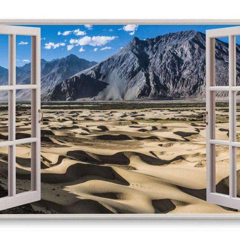 Wandbild 120x80cm Fensterbild Wüste Berge blauer Himmel Sand Sanddünen