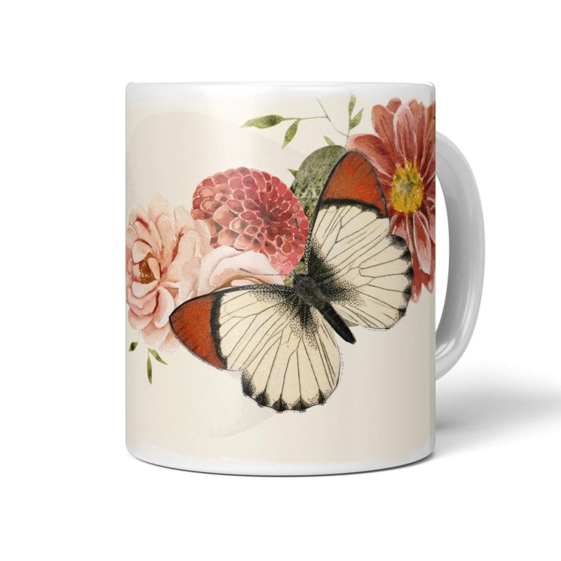 Dekorative Tasse mit schönem Motiv Schmetterling Blumen Blüten Frühling Vintage Kunstvoll