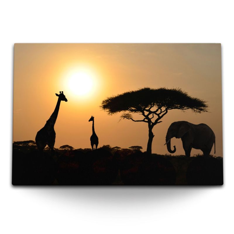 120x80cm Wandbild auf Leinwand Afrika Elefant Giraffen Sonnenuntergang Abend