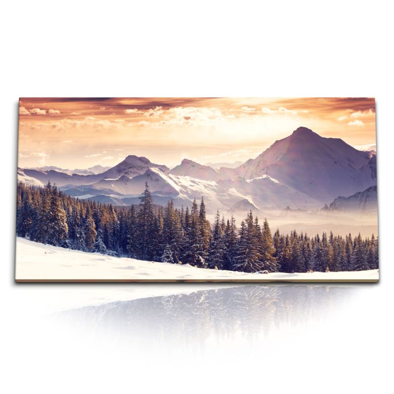 Kunstdruck Bilder 120x60cm Winterlandschaft Berge Tannenwald Natur Sonnenuntergang