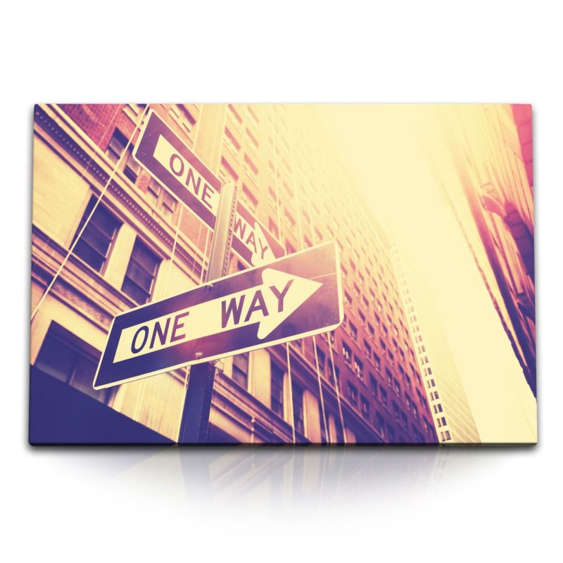 120x80cm Wandbild auf Leinwand Straßenschilder USA ONE WAY Hochhäuser Sonnenschein