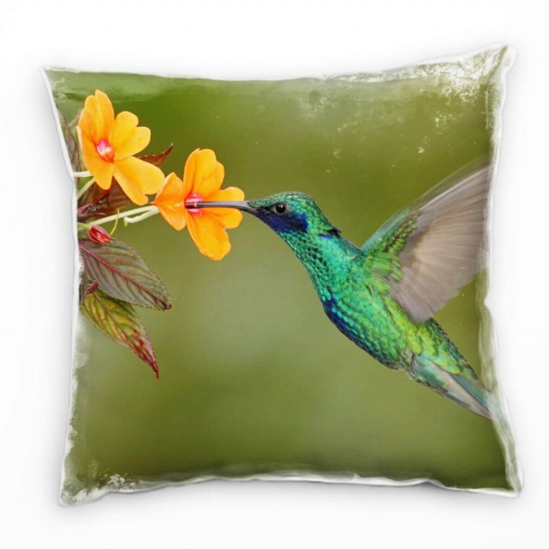 Tiere, Kolibri, Blüte, grün, orange, türkis Deko Kissen 40x40cm für Couch Sofa Lounge Zierkissen