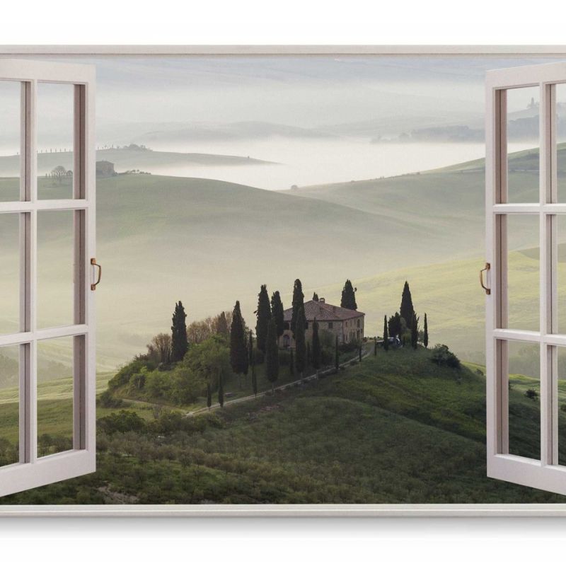 Wandbild 120x80cm Fensterbild Toskana Italien Landhaus Landschaft Nebel