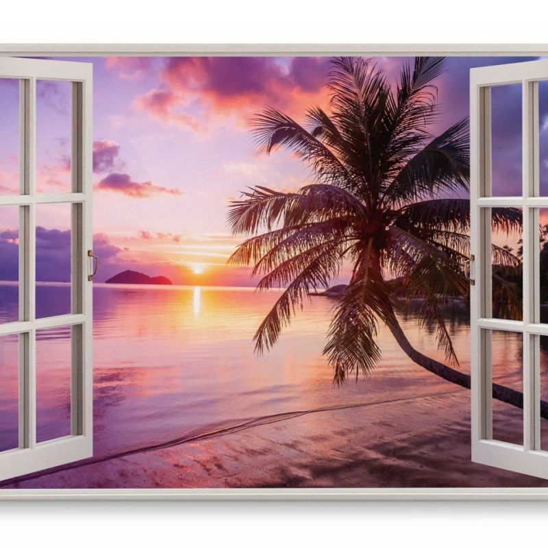 Wandbild 120x80cm Fensterbild Traumstrand Palmen Sonnenuntergang Meer Horizont