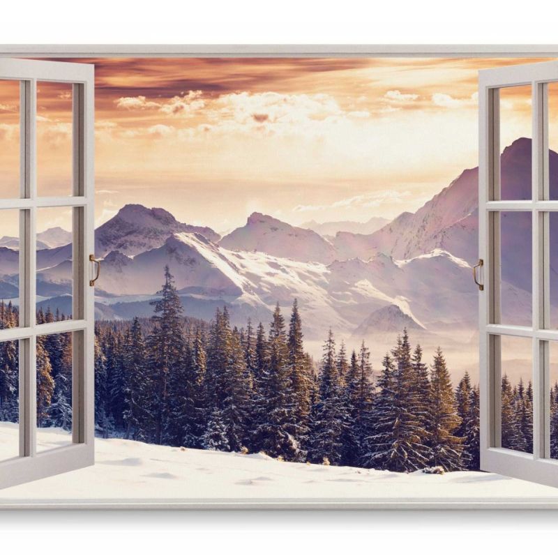 Wandbild 120x80cm Fensterbild Tannenwald Berge Winter Schnee Sonnenuntergang