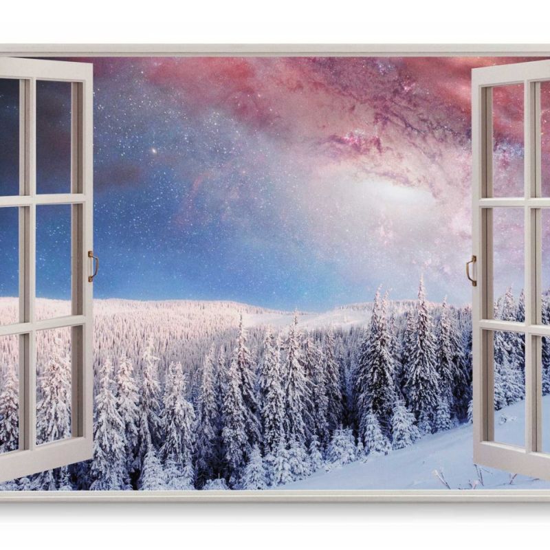 Wandbild 120x80cm Fensterbild Tannenwald Winter Schnee Milchstraße Kunstvoll Sterne