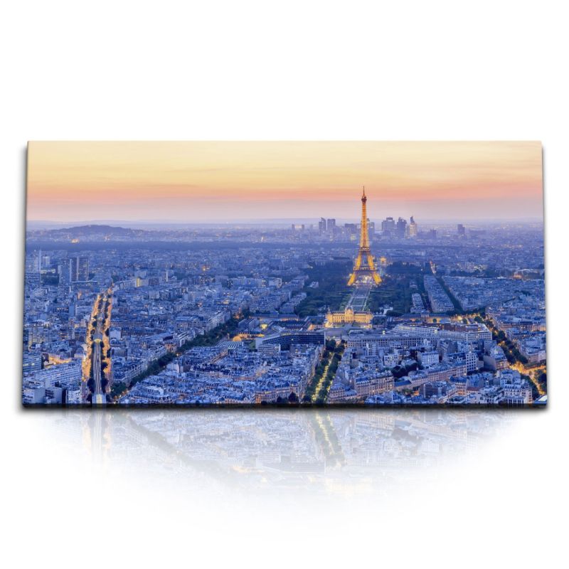 Kunstdruck Bilder 120x60cm Paris aus der Luft Eiffelturm Frankreich Abendröte