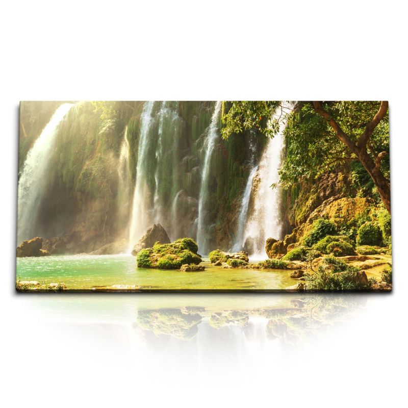 Kunstdruck Bilder 120x60cm Vietnam Wasserfälle Natur Tropisch Grün Sonnenschein