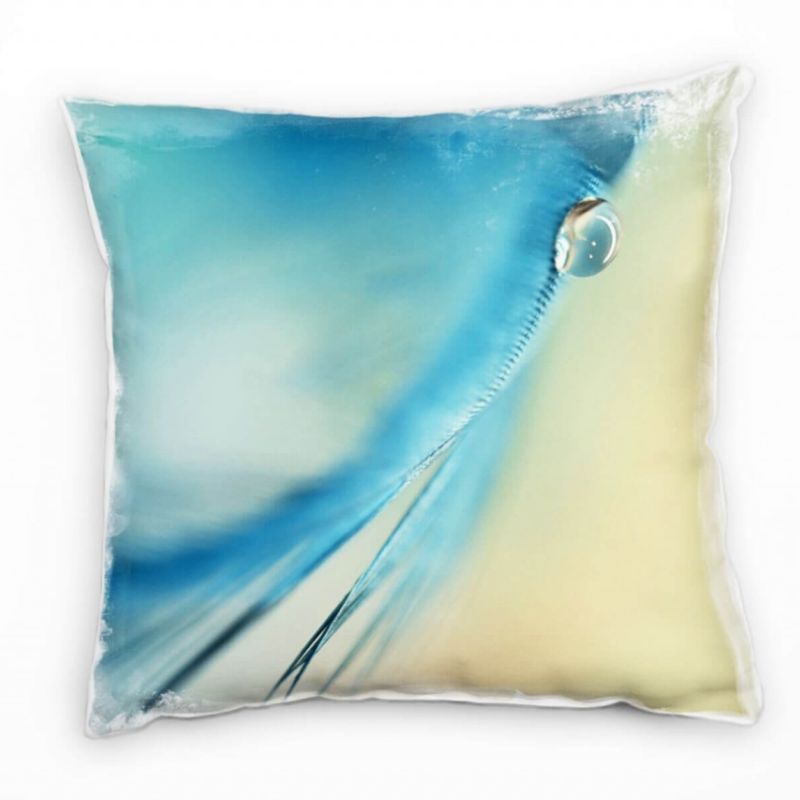 Macro, Feder, Wassertropfen, blau, gelb Deko Kissen 40x40cm für Couch Sofa Lounge Zierkissen