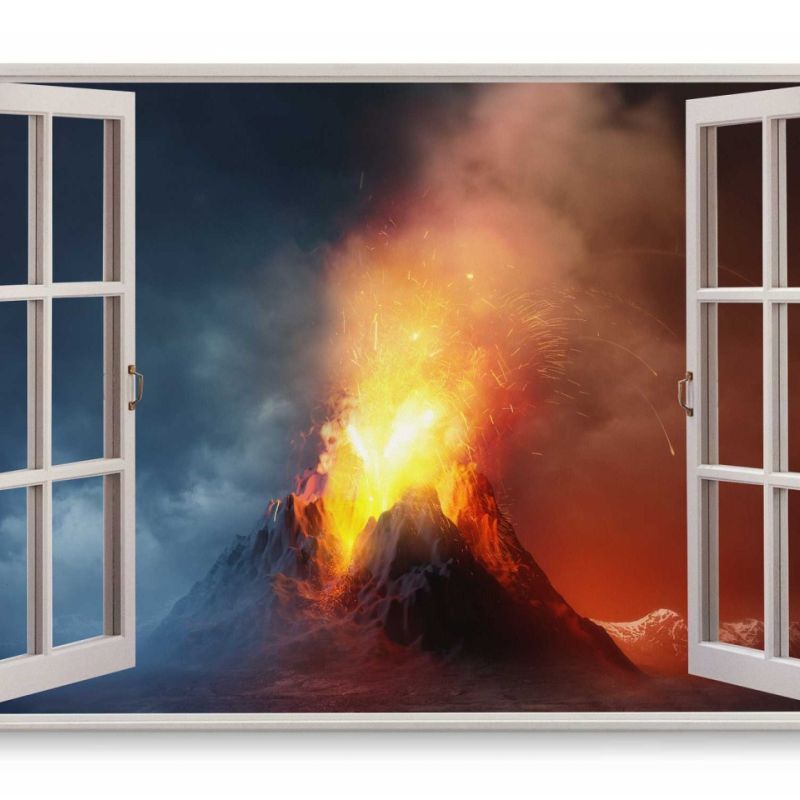 Wandbild 120x80cm Fensterbild Vulkan Vulkanausbruch Lava Feuer Asche