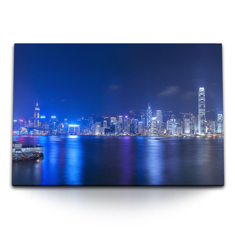 120x80cm Wandbild auf Leinwand Hongkong bei Nacht Stadt Wolkenkratzer Skyline