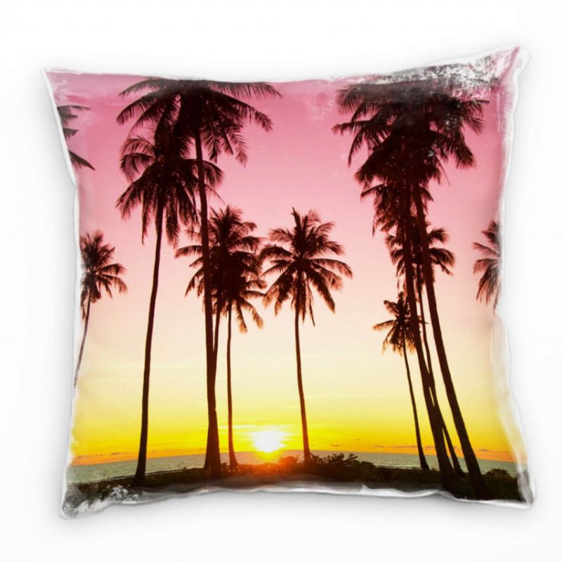 Strand und Meer, gelb, rosa, Palmen, Sonnenuntergang Deko Kissen 40x40cm für Couch Sofa Lounge Zierk