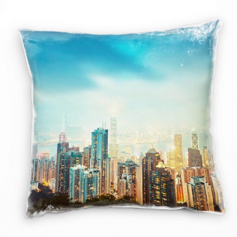 City, Hongkong, Hochhäuser, blau, orange Deko Kissen 40x40cm für Couch Sofa Lounge Zierkissen