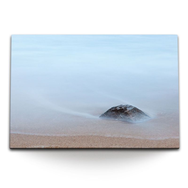 120x80cm Wandbild auf Leinwand Sandstrand runder Stein Meer Strand Fotokunst