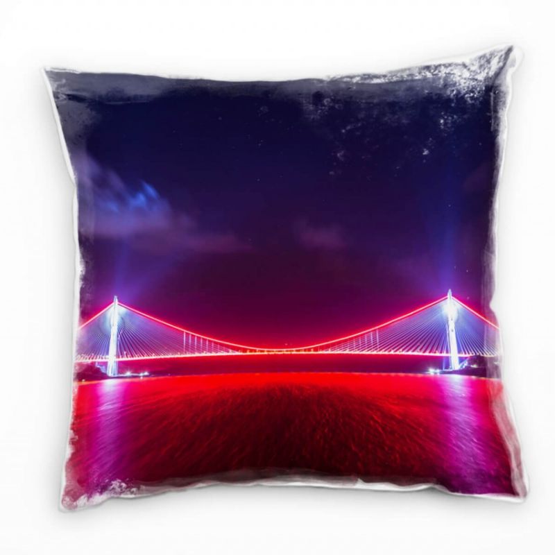 Urban, beleuchtete Brücke, Nacht, rot, blau Deko Kissen 40x40cm für Couch Sofa Lounge Zierkissen