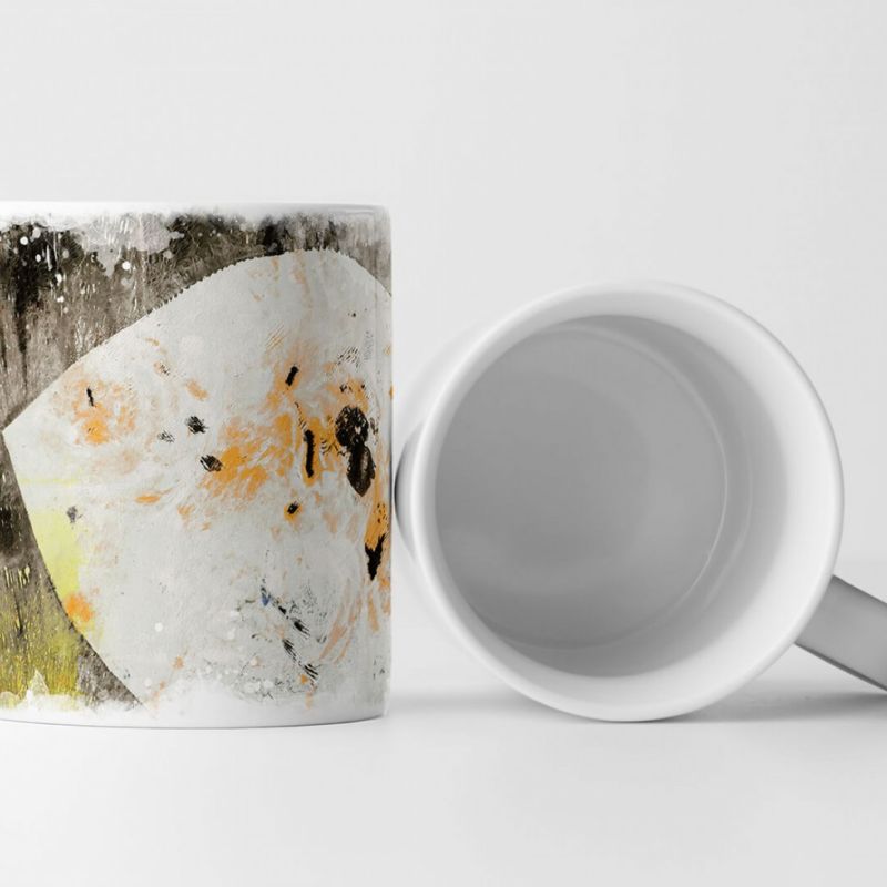 Tasse Geschenk weiß, braune Grundierung; orangene, gelbe Abstraktionen