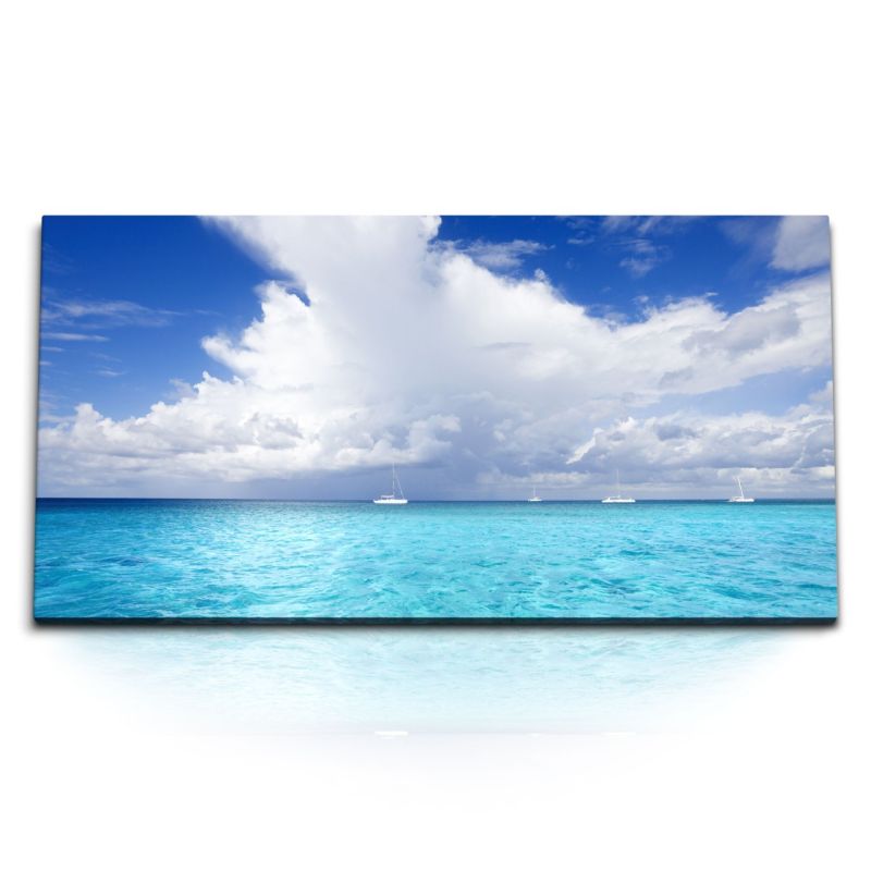 Kunstdruck Bilder 120x60cm Meer Horizont Hellblau Blau weiße Wolken Schiffe