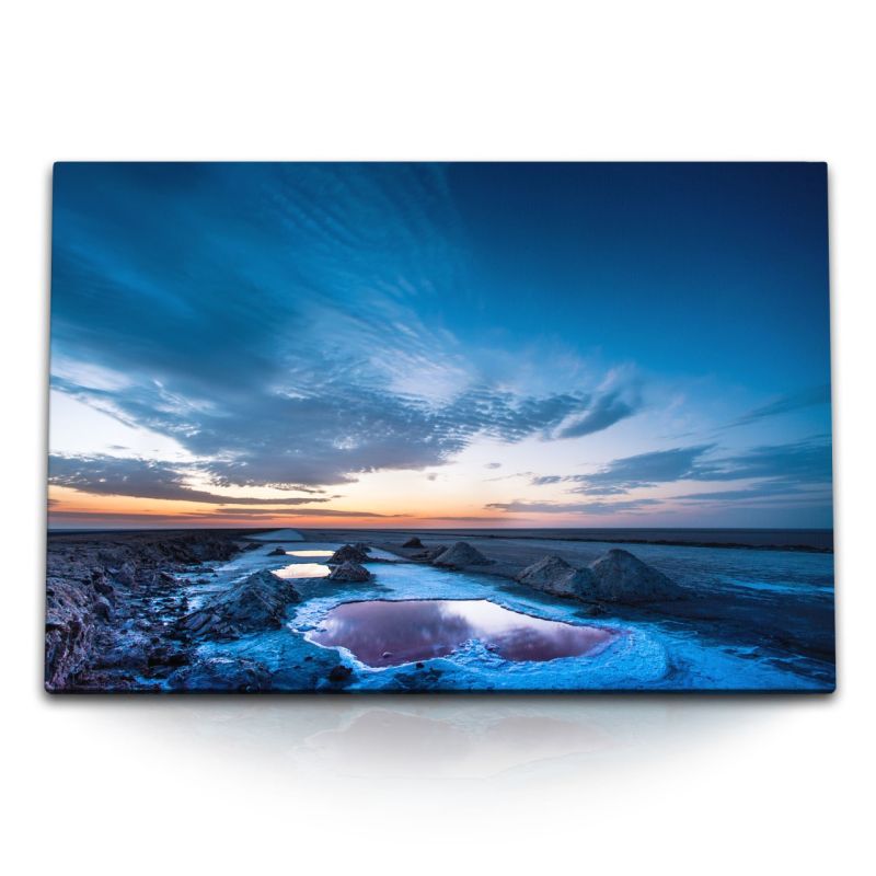 120x80cm Wandbild auf Leinwand Tunesien Salzsee See Horizont Sonnenuntergang Abendrot