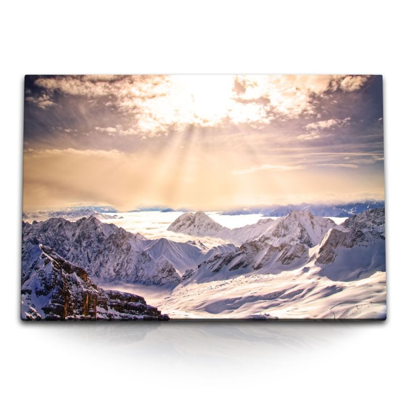 120x80cm Wandbild auf Leinwand Alpen Berge Schnee Sonnenstrahl Bergaussicht