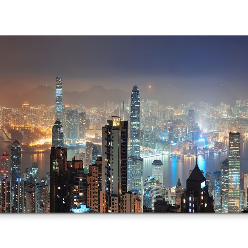 120x80cm Wandbild Hongkong Skyline Wolkenkratzer Nacht