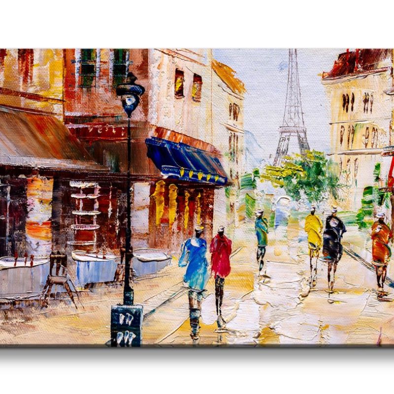 Leinwandbild 120x60cm Paris Eiffelturm Cafés Romantisch Malerisch Kunstvoll