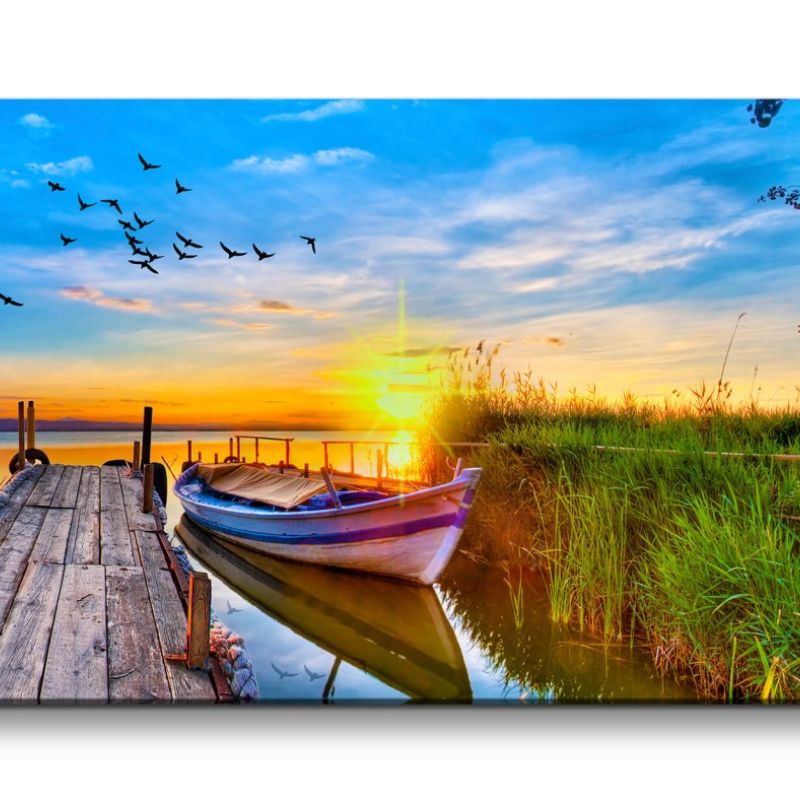 Leinwandbild 120x60cm Meer Boot Idyllisch Steg Natur Sonnenuntergang Gras Vögel