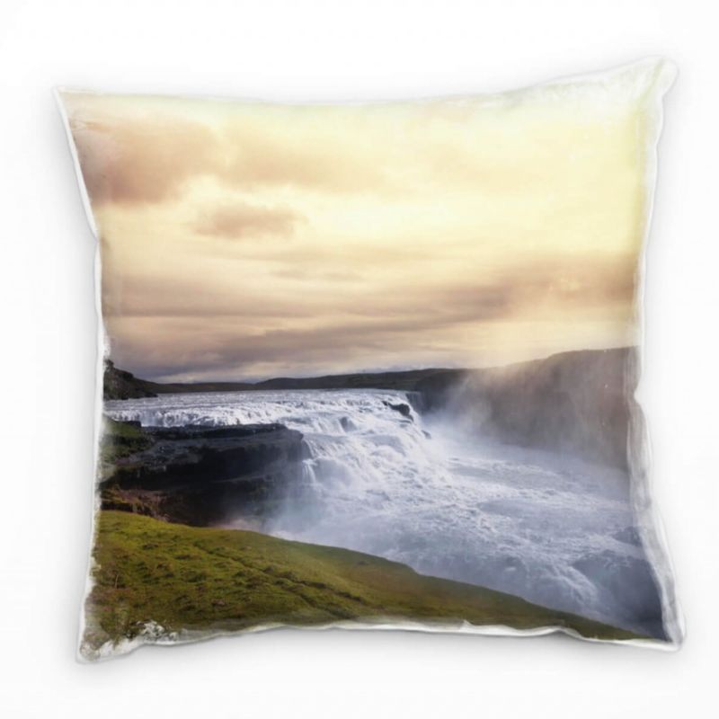 Natur, orange, grün, grau, Dettifoss Wasserfall, Island Deko Kissen 40x40cm für Couch Sofa Lounge Zi