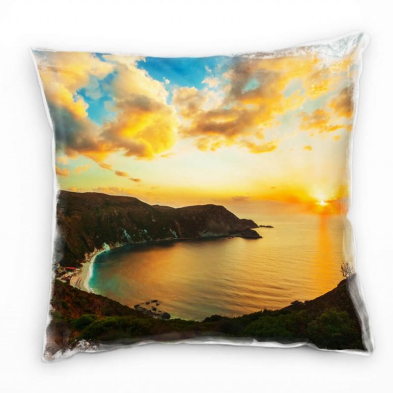 Landschaft, orange, blau, Bucht, Sonnenuntergang Deko Kissen 40x40cm für Couch Sofa Lounge Zierkisse