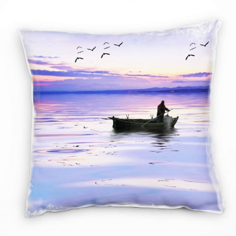 Meer, Fischerboot, Angler, Dämmerung, lila, orange Deko Kissen 40x40cm für Couch Sofa Lounge Zierkis