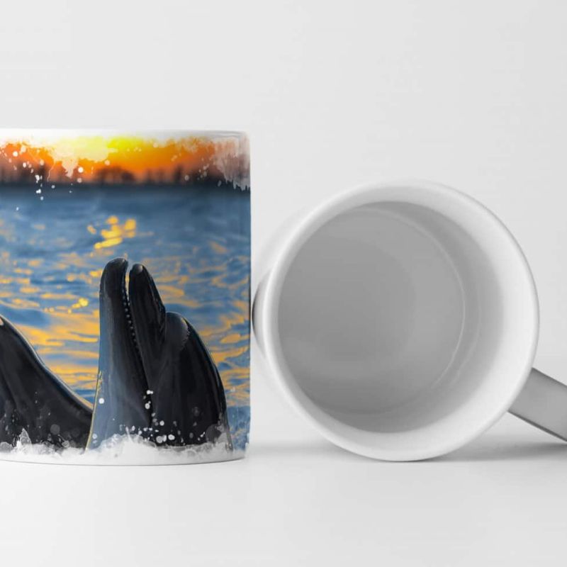 Tasse Geschenk Tierfotografie – Delfingruppe bei Sonnenaufgang im Meer