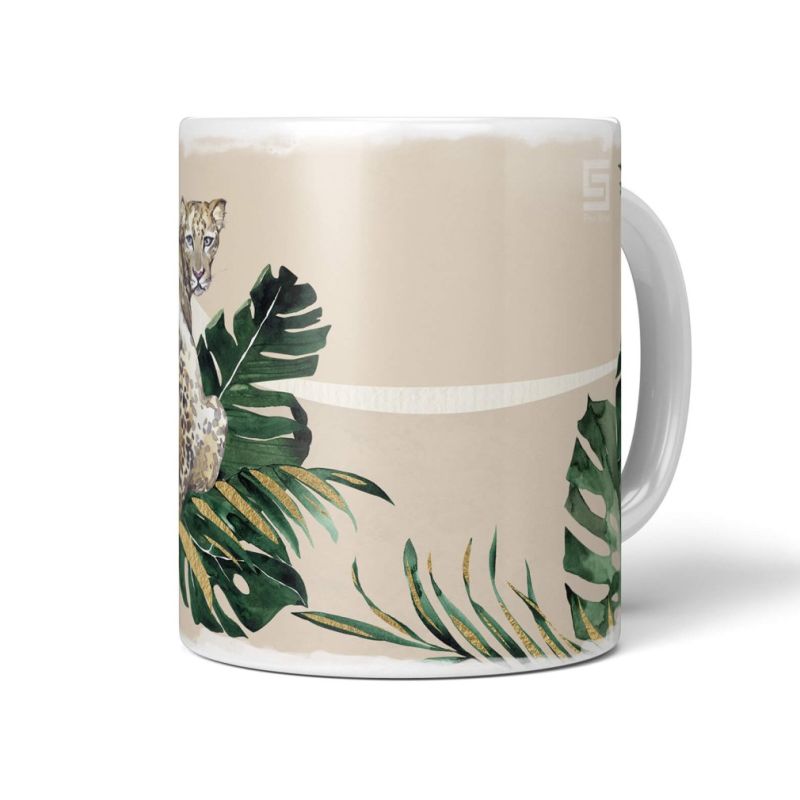 Tasse Porzellan Tier Motiv Jaguar Raubkatze Blumen Pflanzen Dschungel