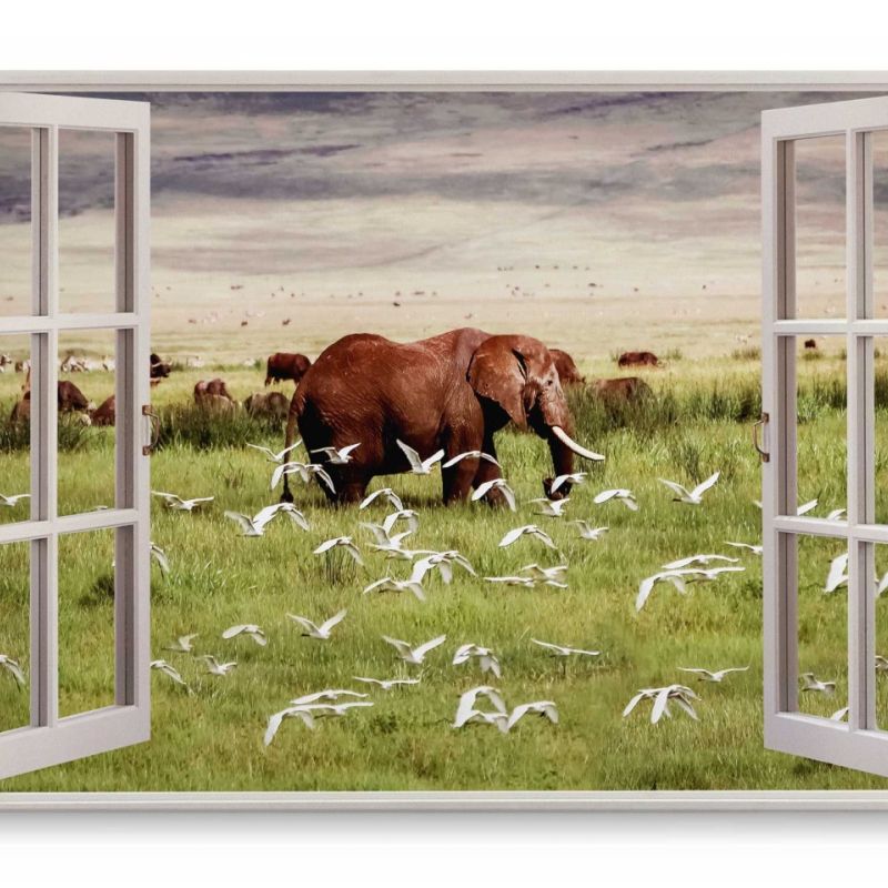 Wandbild 120x80cm Fensterbild Afrikanische Landschaft Natur Elefant Wildnis Tierfotografie