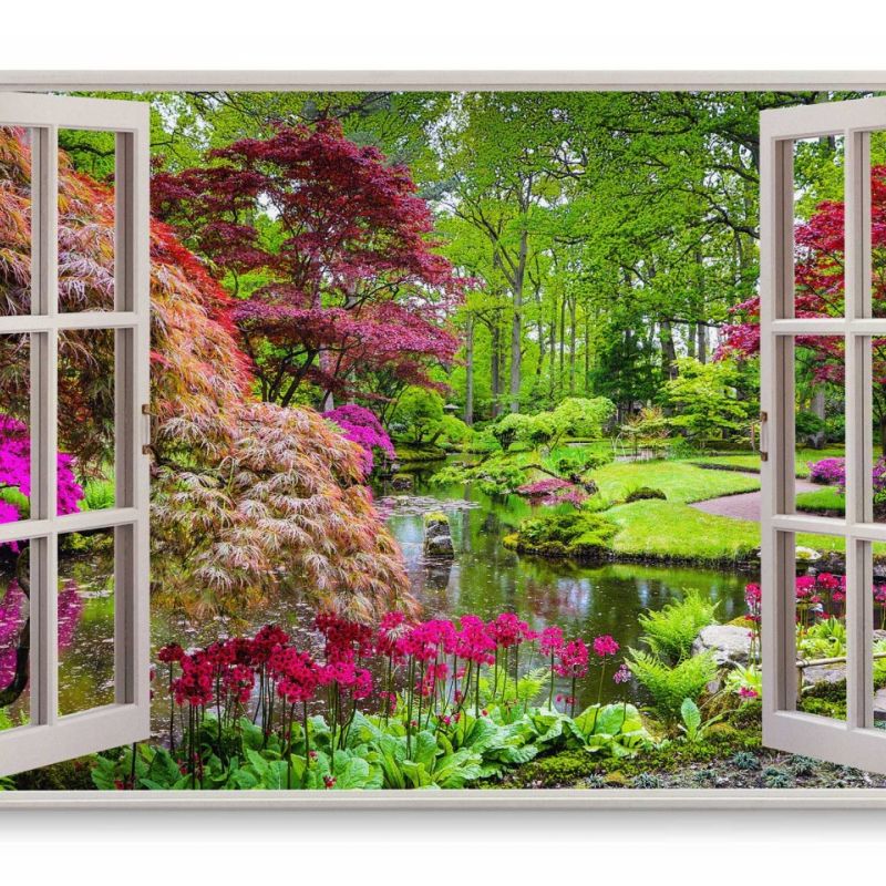 Wandbild 120x80cm Fensterbild Japanischer Garten Grün Natur Park Teich