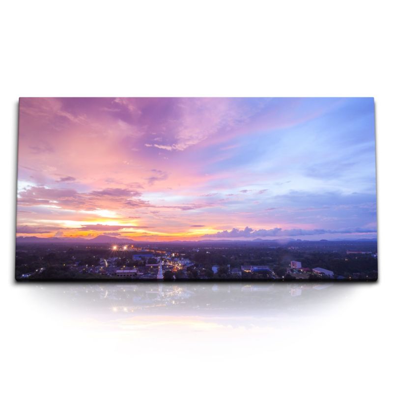 Kunstdruck Bilder 120x60cm Abendrot Horizont Sonnenuntergang Stadt Himmel