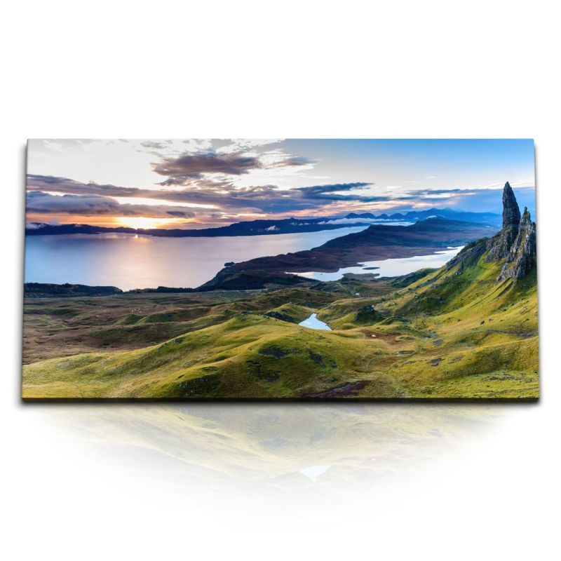 Kunstdruck Bilder 120x60cm Schottische Landschaft Meer Berge Felsen Sonnenuntergang