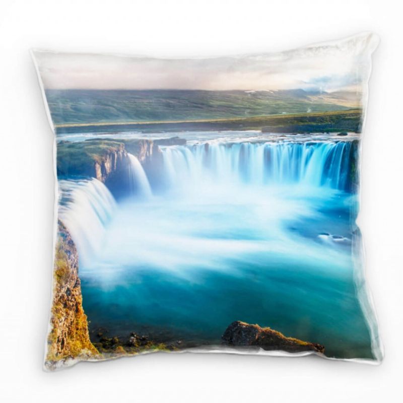 Seen, Berge, Wasser, blau, Wasserfall, helle Farben Deko Kissen 40x40cm für Couch Sofa Lounge Zierki