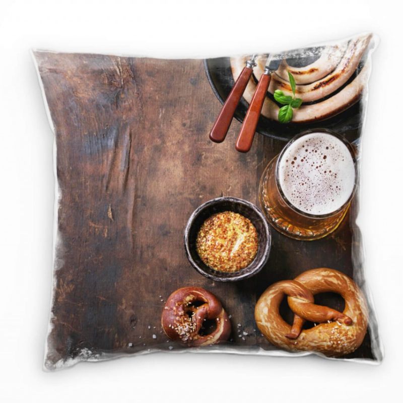 künstlerische Fotografie, Brezel, Bier, Wurst, braun Deko Kissen 40x40cm für Couch Sofa Lounge Zierk