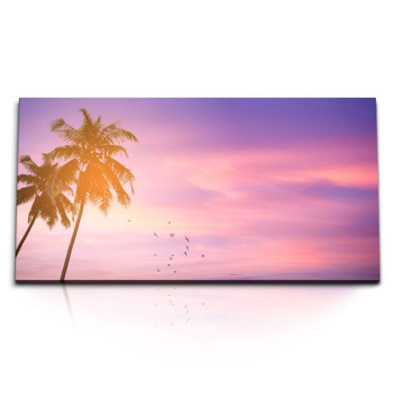 Kunstdruck Bilder 120x60cm Palmen Karibik rosa Himmel Sonnenuntergang Vögel