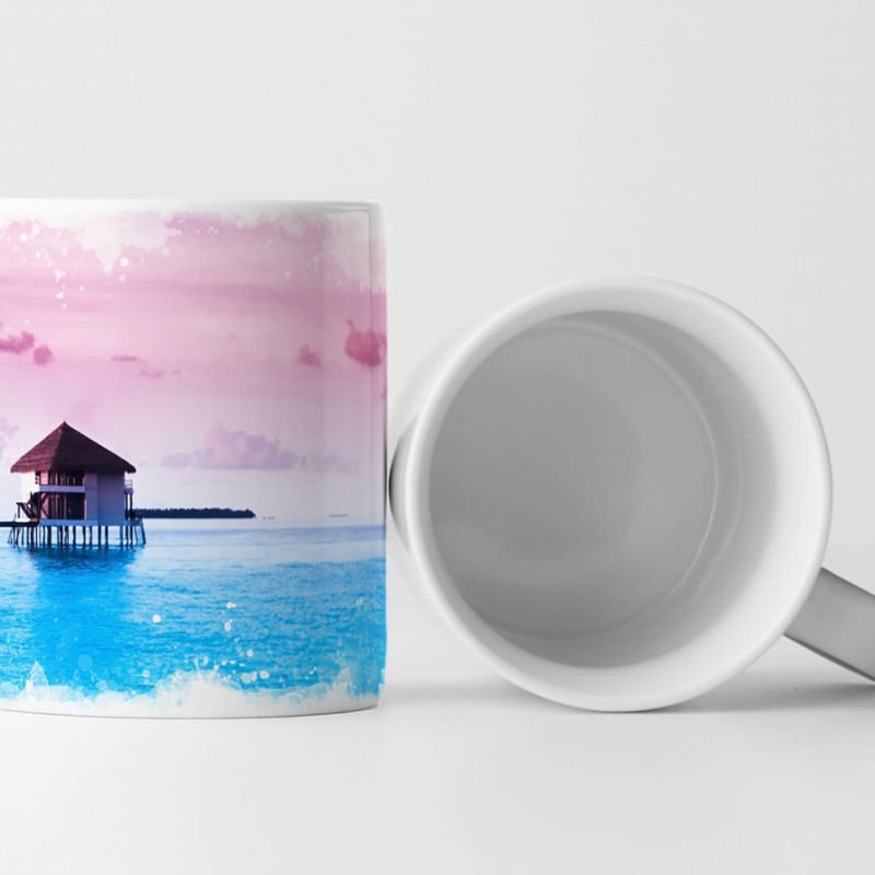 Tasse Geschenk Künstlerische Fotografie – Drei Bungalows im Meer bei rosa Himmel