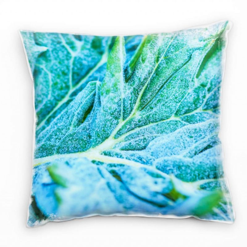 Macro, Natur, gefrorene Blätter, grün, blau Deko Kissen 40x40cm für Couch Sofa Lounge Zierkissen