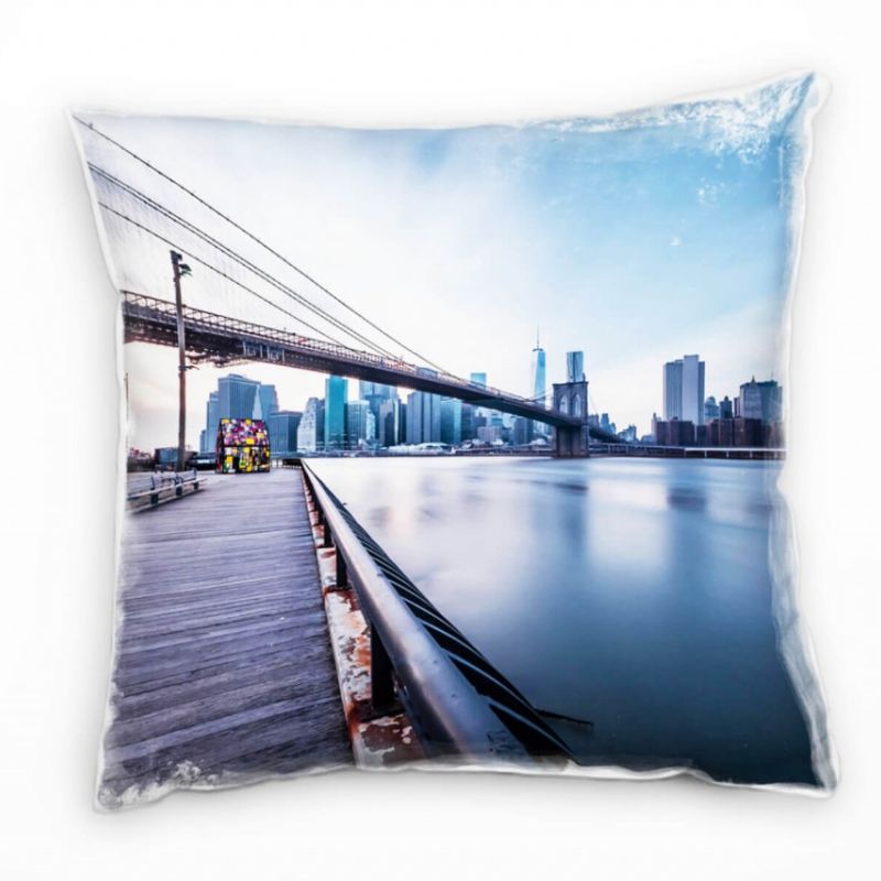 City, New York, Manhattan, Brücke, blau, braun Deko Kissen 40x40cm für Couch Sofa Lounge Zierkissen