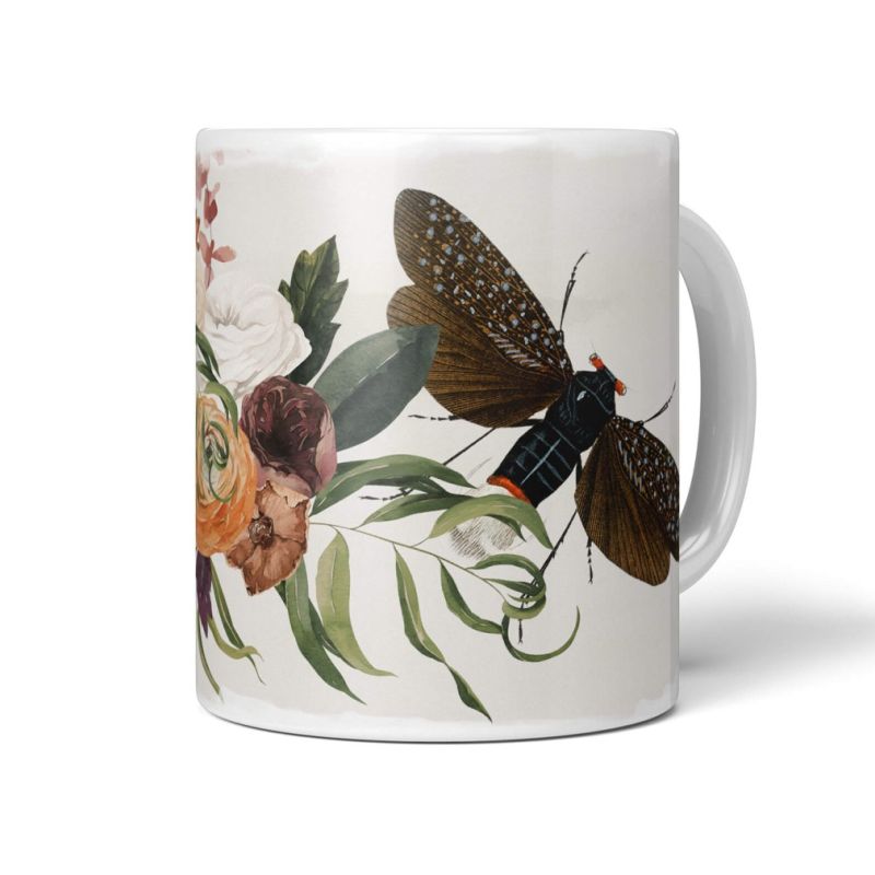 Dekorative Tasse mit schönem Motiv Blumen Blüten Blumenstrauß Netzflügler Frühling