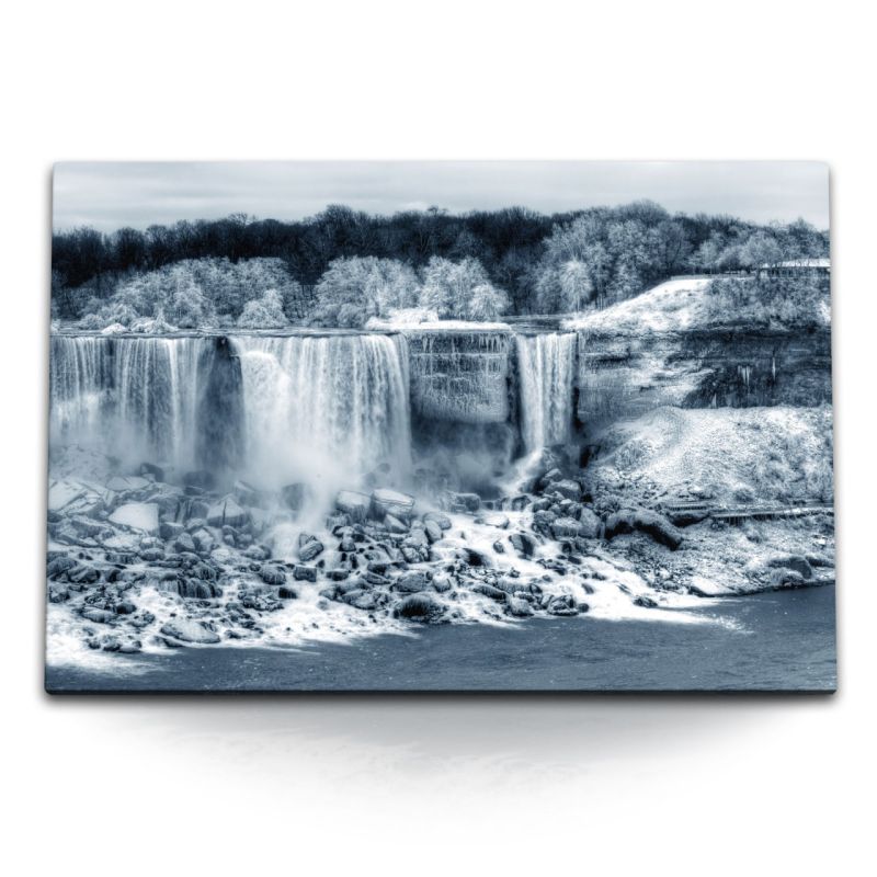 120x80cm Wandbild auf Leinwand Wasserfall im Winter Winterlandschaft Fluss Natur