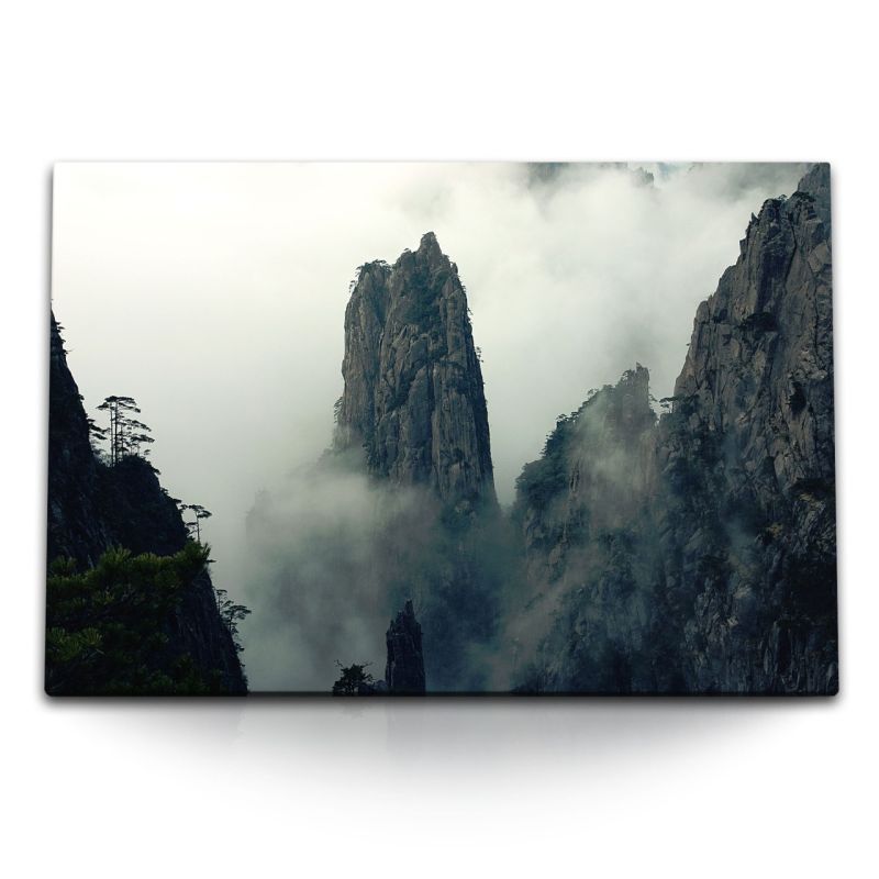 120x80cm Wandbild auf Leinwand Huang Shan Berg in China Felsen Natur Nebel