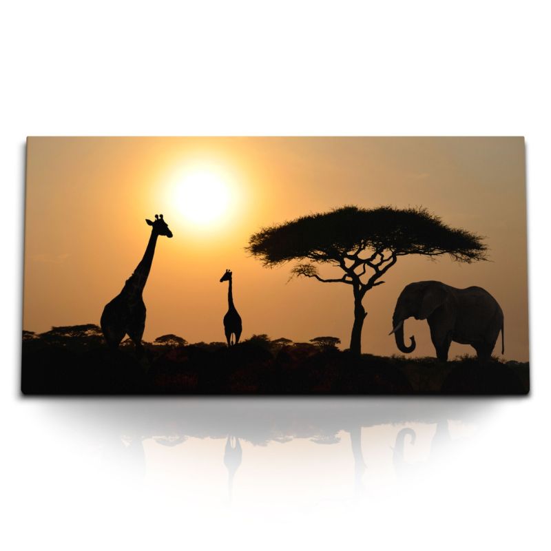 Kunstdruck Bilder 120x60cm Afrika Elefant Giraffen Sonnenuntergang Abend