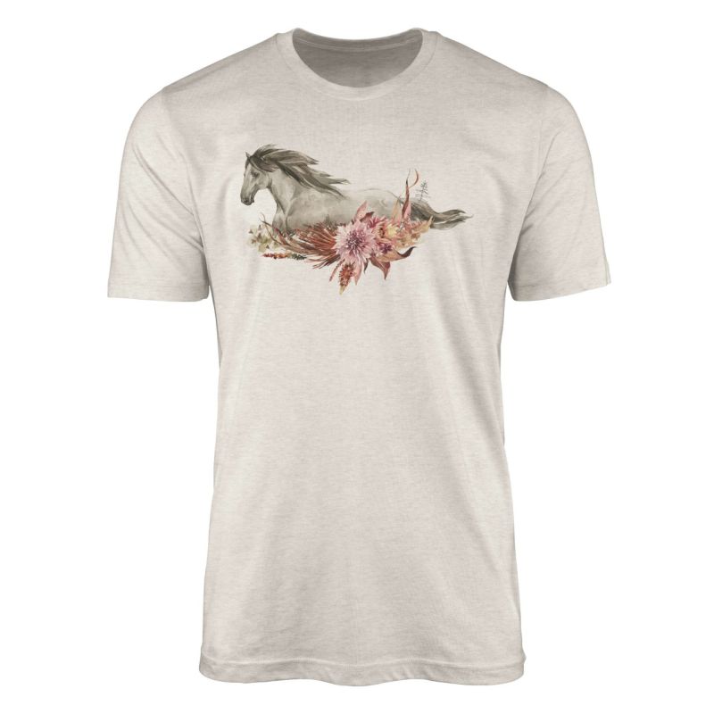 Herren Shirt 100% gekämmte Bio-Baumwolle T-Shirt  Aquarell Pferd Blumen Motiv Nachhaltig Ökomode aus