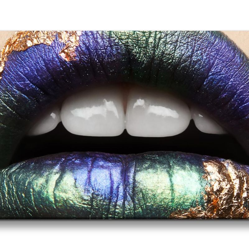 Leinwandbild 120x60cm Sexy Lippen Lippenstift Blattgold Dekorativ Metallic